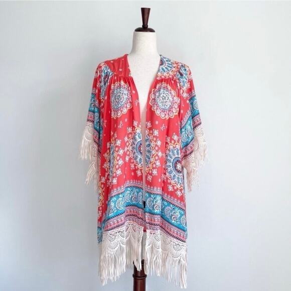 Umgee Colorful Medallion Print Fringe Open Kimono Cover-Up NWT - Picture 1 of 8